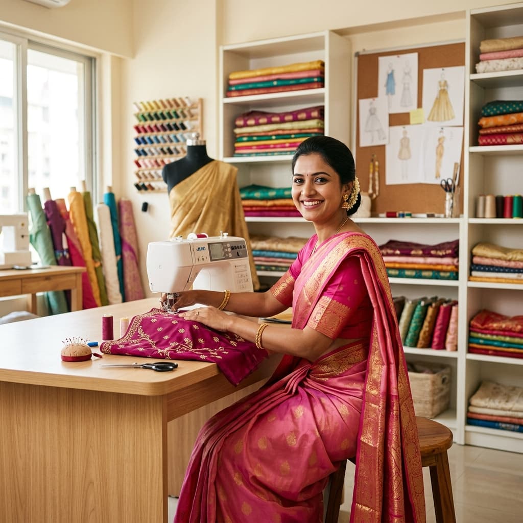 Indian woman in saree at sewing machine in a fashion studio